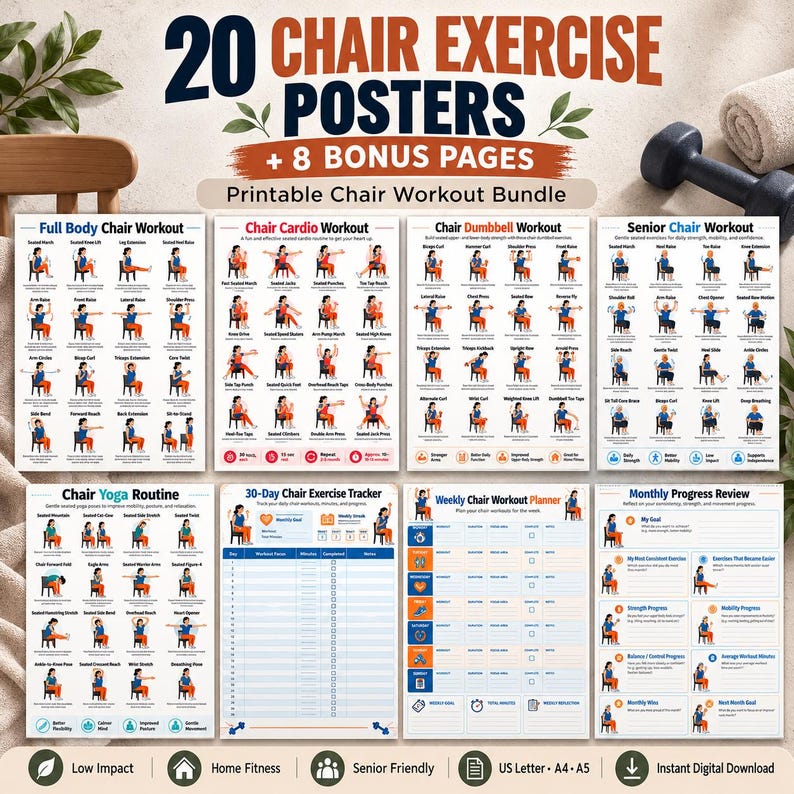 Printable Chair Fitness Bundle, 20 Exercise Charts + 8 Trackers, US Letter A4 A5 — original Etsy mockup 3