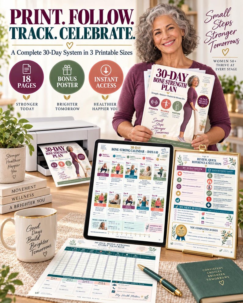 30-Day Bone Health Planner Printable, Strength and Balance Exercise Calendar, Women 50+ Home Workout Tracker, 3-Size PDF Bundle — original Etsy mockup 9