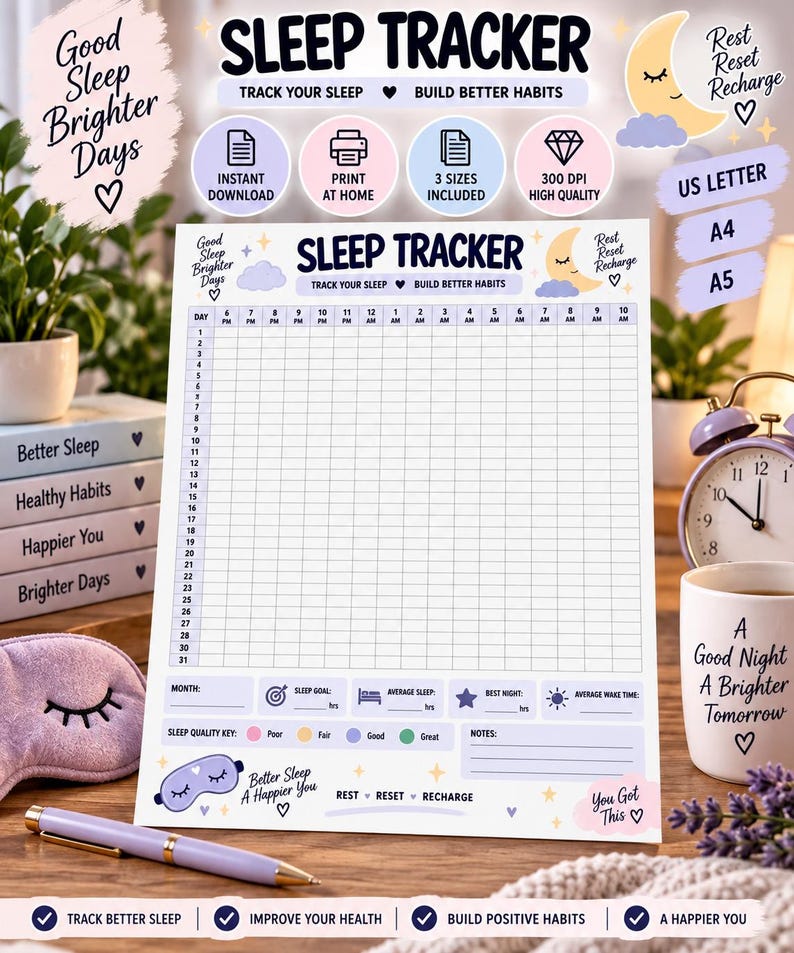 Sleep Tracker Printable, Monthly Sleep Log, Bedtime & Wake Time Tracker, Sleep Quality Journal, Wellness Planner, Habit Tracker PDF — original Etsy mockup 6