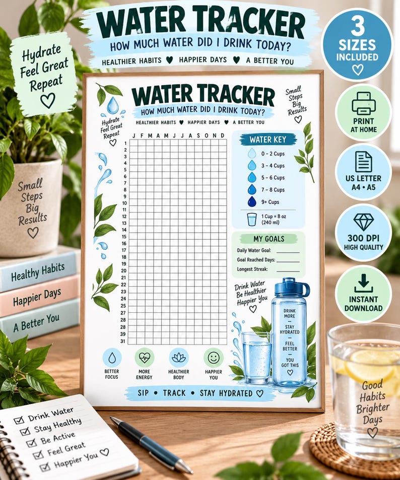 Daily Water Intake Tracker Printable, Hydration Log, Healthy Habit Planner, Water Drinking Challenge, Wellness Journal, Instant Download — original Etsy mockup 8