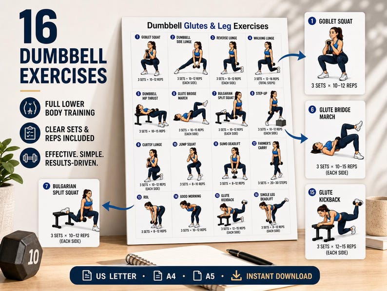 Printable Dumbbell Workout Bundle | Full Body, Arms, Legs, Glutes Exercise Charts (Digital Download) — original Etsy mockup 8