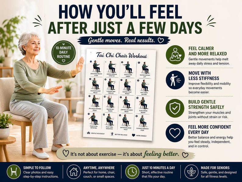 May include: An elderly person demonstrates Tai Chi chair exercises. The image includes a poster with illustrated exercises and text: "How You'll Feel After Just a Few Days." Benefits include feeling calmer, moving with less stiffness, and building strength.