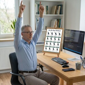 May include: A man in a blue shirt and glasses is seated, arms raised, with a "Tai Chi Chair Workout" chart on a wooden easel. The chart displays exercise illustrations. A computer, keyboard, and mug are on the desk.