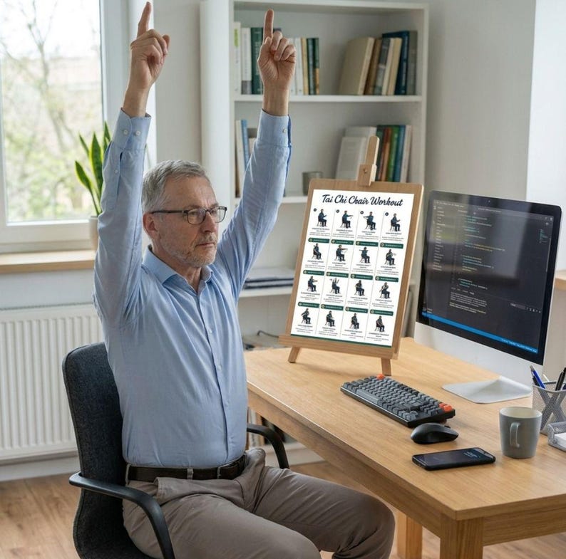 May include: A man in a blue shirt and glasses is seated, arms raised, with a "Tai Chi Chair Workout" chart on a wooden easel. The chart displays exercise illustrations. A computer, keyboard, and mug are on the desk.