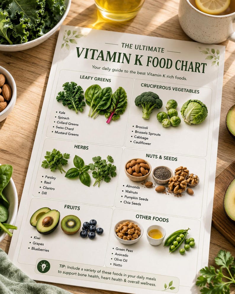 Vitamin K Food Chart & Nutrition Guide | Bone Health, K1 vs K2 (PDF) — original Etsy mockup 9