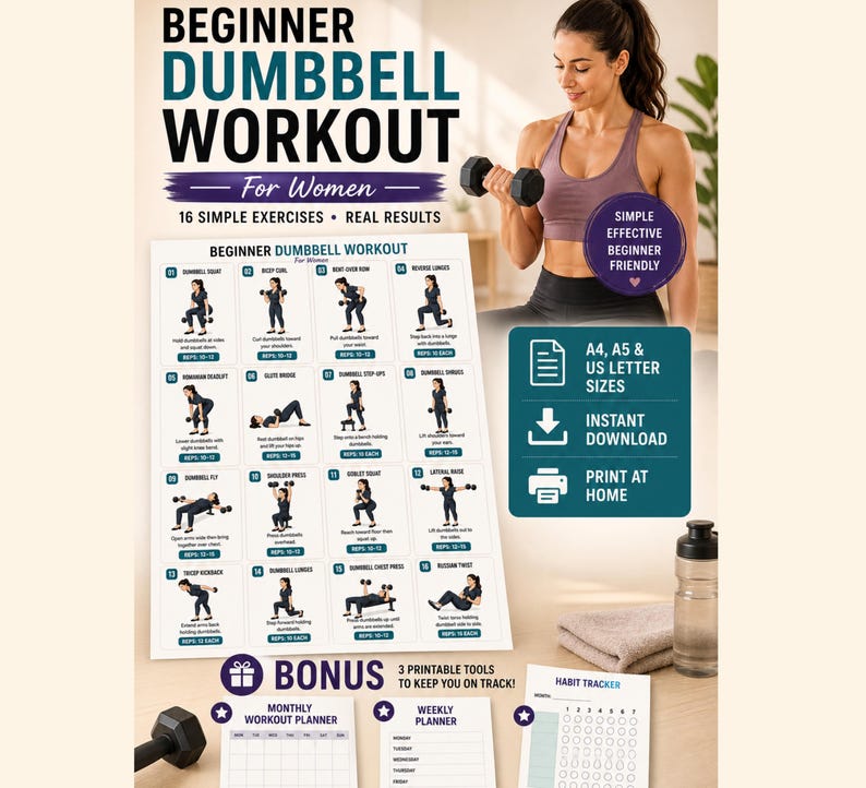 Printable Dumbbell Workout Bundle | Full Body, Arms, Legs, Glutes Exercise Charts (Digital Download) — original Etsy mockup 3