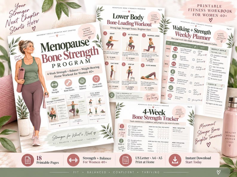 Menopause Bone Strength Program, 4-Week Strength & Balance Workout for Women 40+, Printable Home Fitness PDF — original Etsy mockup 10