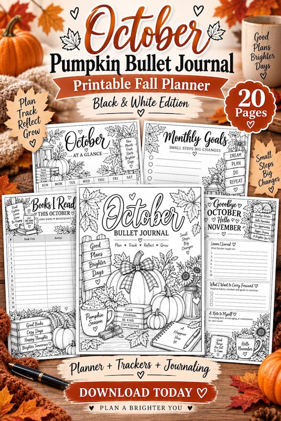 Fall Planner Printable Bundle, October Pumpkin Journal, Weekly Planner & Trackers, Black and White PDF