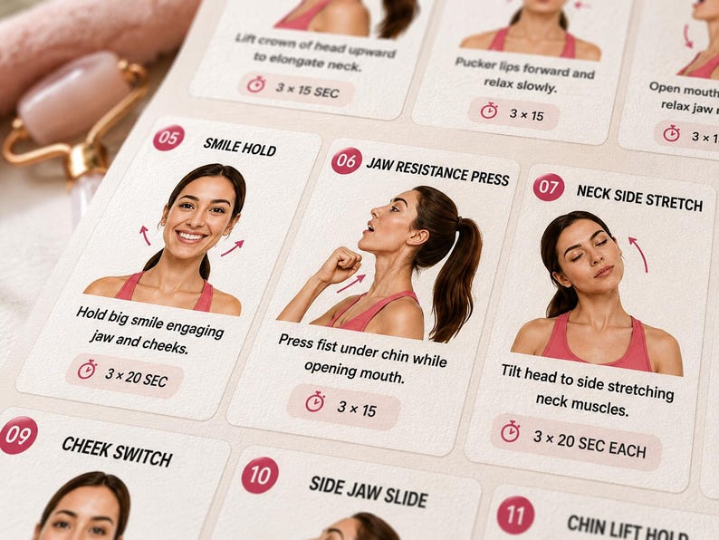 Face Yoga Jawline Exercises Printable | Facial & Neck Self-Care Chart — original Etsy mockup 7
