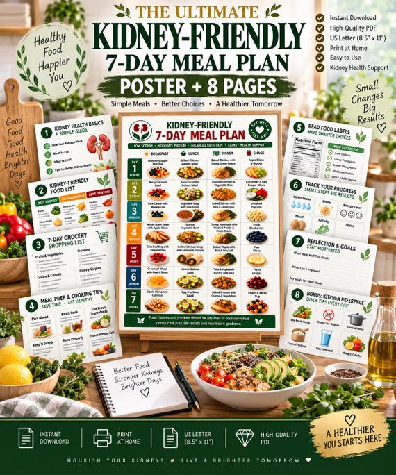 Kidney Friendly 7 Day Meal Plan Printable, Renal Diet Plan PDF, CKD Meal Planner, Low Sodium Weekly Menu, Kidney Disease Diet Chart