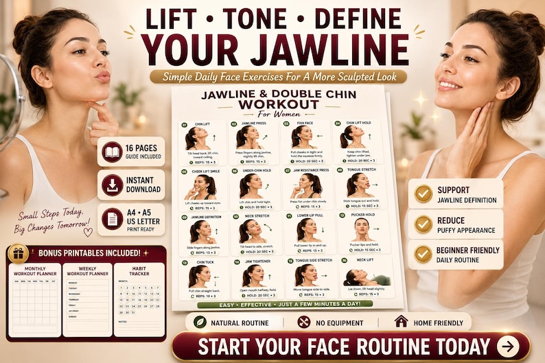 Jawline & Double Chin Exercises Printable | Face Yoga Neck Workout Chart — original Etsy mockup 3