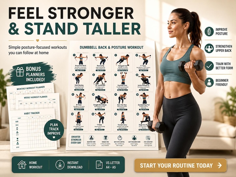 Dumbbell Back Workout Printable | Posture & Upper-Body Strength Exercise Chart — original Etsy mockup 4
