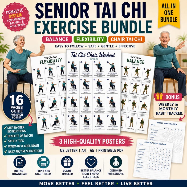 Senior Tai Chi Exercise Bundle, Balance, Flexibility, Chair Workout (PDF) — original Etsy mockup 2