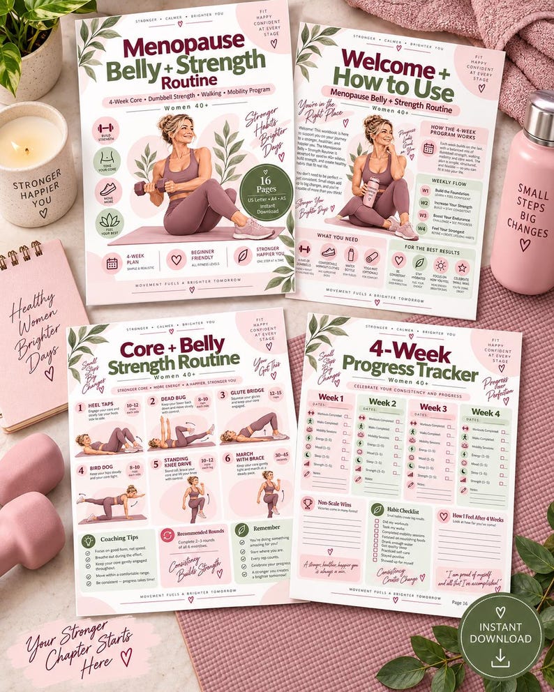 Women 40+ Strength Workout Plan, Menopause Core & Dumbbell Routine, 4-Week Walking Fitness Printable — original Etsy mockup 5