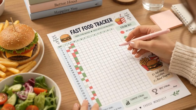 Food Habit Tracker Printable, Fast Food Challenge, Healthy Choices Journal, Eating Habits Planner, Nutrition Wellness Tracker — original Etsy mockup 7