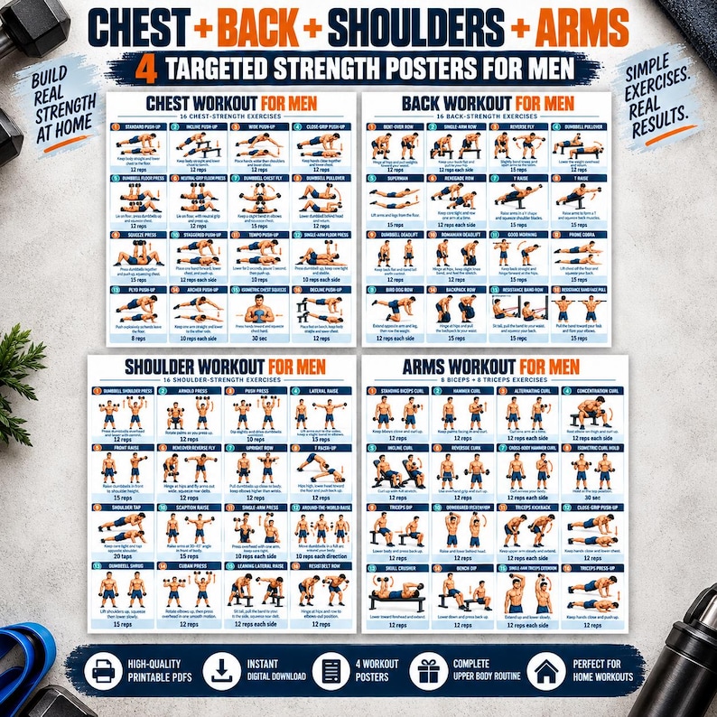 Men's Home Workout Printable Bundle, 20 Strength Posters + 8 Fitness Logs, Push Pull Legs Dumbbell Calisthenics PDF — original Etsy mockup 4