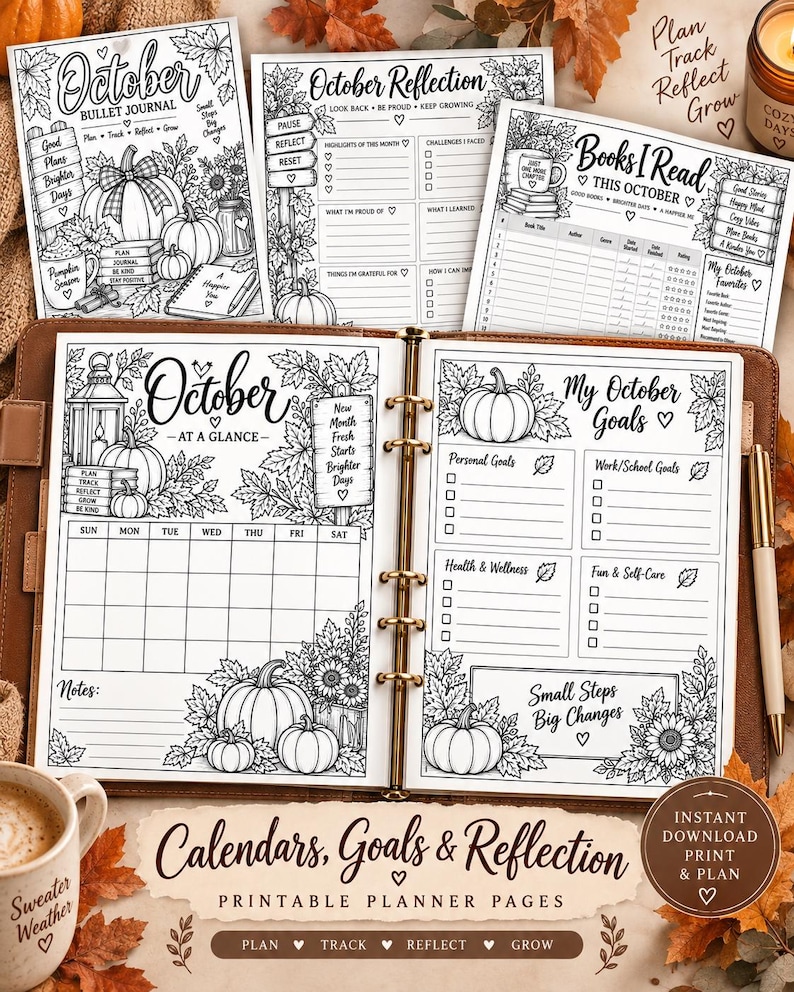 October Planner Printable, Pumpkin Bullet Journal, Black White Coloring Planner, Habit Mood Sleep Tracker PDF — original Etsy mockup 6