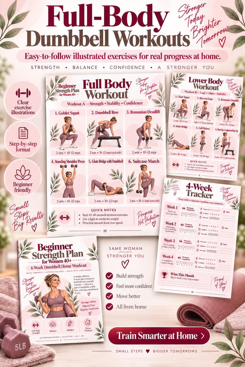 4 Week Dumbbell Workout for Women 40+, Beginner Home Strength Training PDF — original Etsy mockup 7