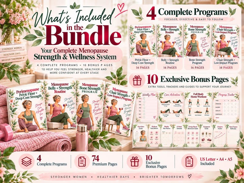 Menopause Strength & Wellness Bundle for Women 40+, 74-Page Printable Workout Planner — original Etsy mockup 2