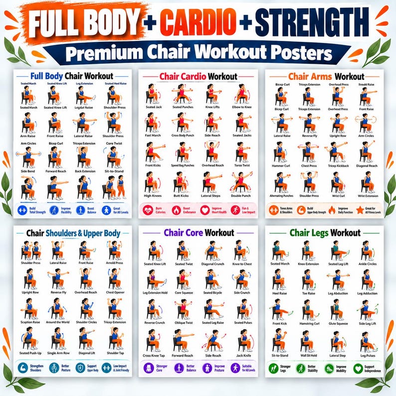Chair Exercise Bundle for Seniors, 20 Seated Workout Posters + 8 Printable Trackers — original Etsy mockup 2