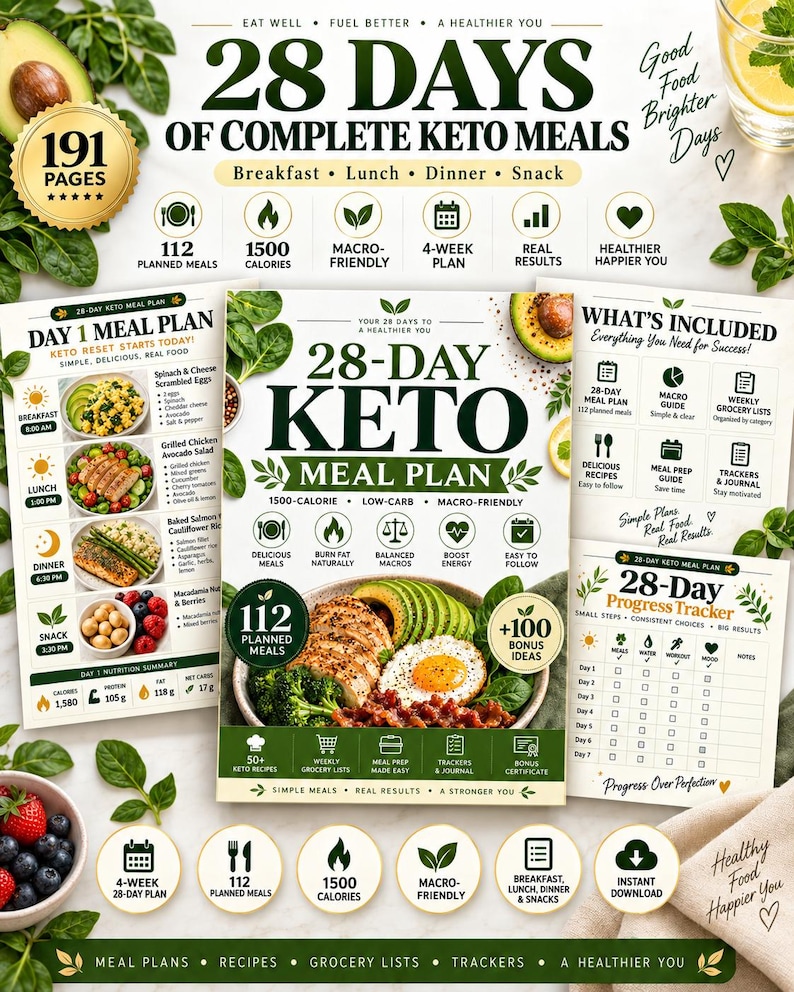 4-Week Keto Meal Plan PDF, 112 Planned Meals with Grocery Lists, Recipes & Journal — original Etsy mockup 2