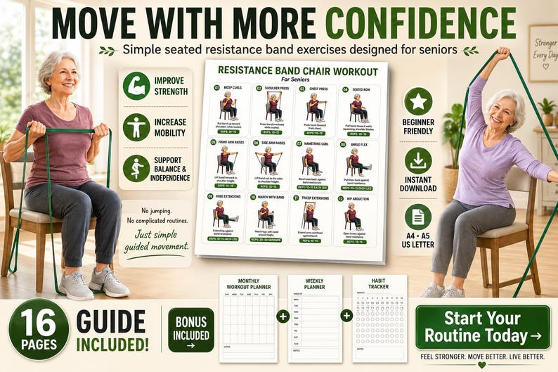 Senior Resistance Band Exercise Chart |Senior Workout Routine Printable | Resistance Band Exercises for Seniors | Fitness Poster PDF — original Etsy mockup 4