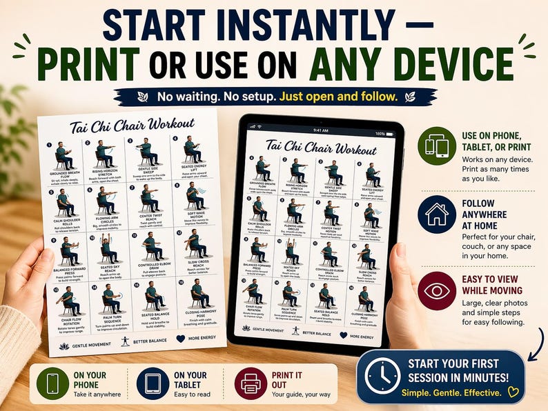 May include: A printout and a tablet displaying a "Tai Chi Chair Workout" guide. The guide features illustrations of exercises and text that reads "Start Instantly - Print or Use on Any Device". The guide is designed for use on a phone, tablet, or print.