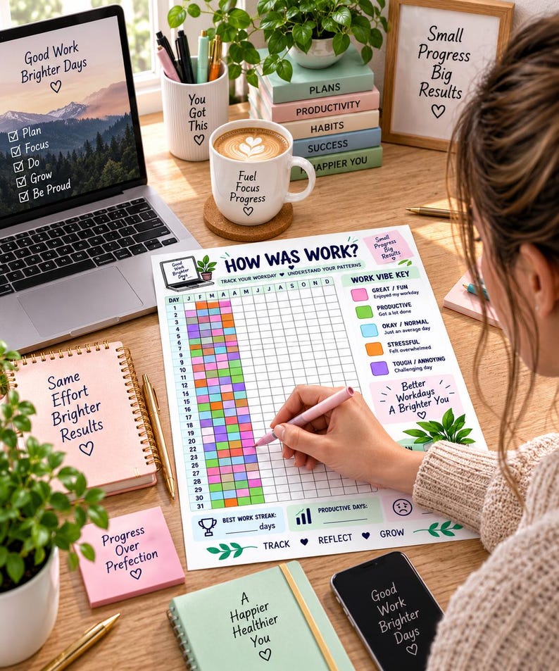 Work Vibe Tracker Printable, How Was Work Tracker, Daily Work Mood Log, Productivity Tracker, Career Wellness Planner, Work Journal PDF — original Etsy mockup 2