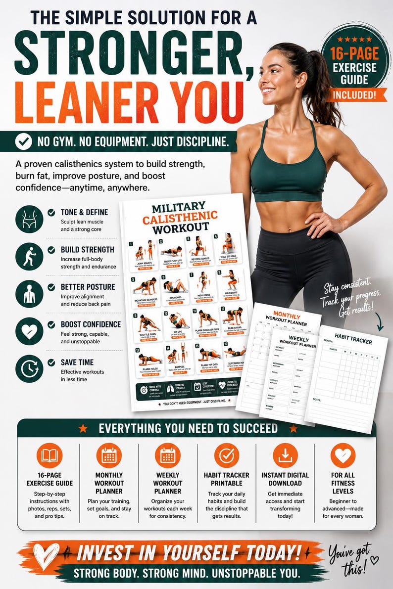 Military Calisthenics Workout Chart | Military Bodyweight Workout Plan | No Equipment Home Fitness Printable — original Etsy mockup 3