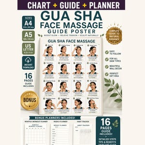 May include: A Gua Sha face massage guide poster with detailed steps and skincare tips. The poster includes diagrams and instructions for various massage techniques. It also includes bonus planners and is available in A4, A5, and US Letter sizes.
