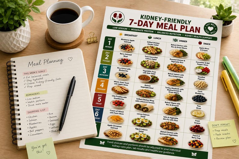 Kidney Friendly 7 Day Meal Plan Printable, Renal Diet Plan PDF, CKD Meal Planner, Low Sodium Weekly Menu, Kidney Disease Diet Chart — original Etsy mockup 7
