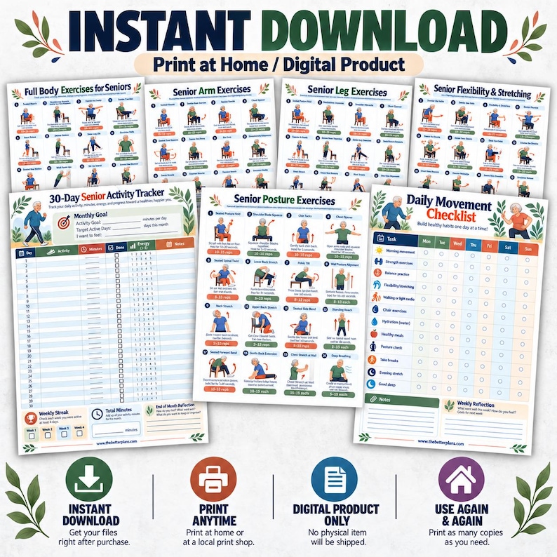Exercise Posters for Seniors, 20 Low Impact Workout Charts + 8 Planners, Seated Standing Strength Balance PDF — original Etsy mockup 11