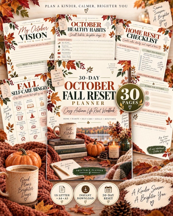 October Reset Planner Printable, 30 Day Fall Life Reset Workbook, Autumn Self Care Journal, Home Habits Goals Routine Planner PDF