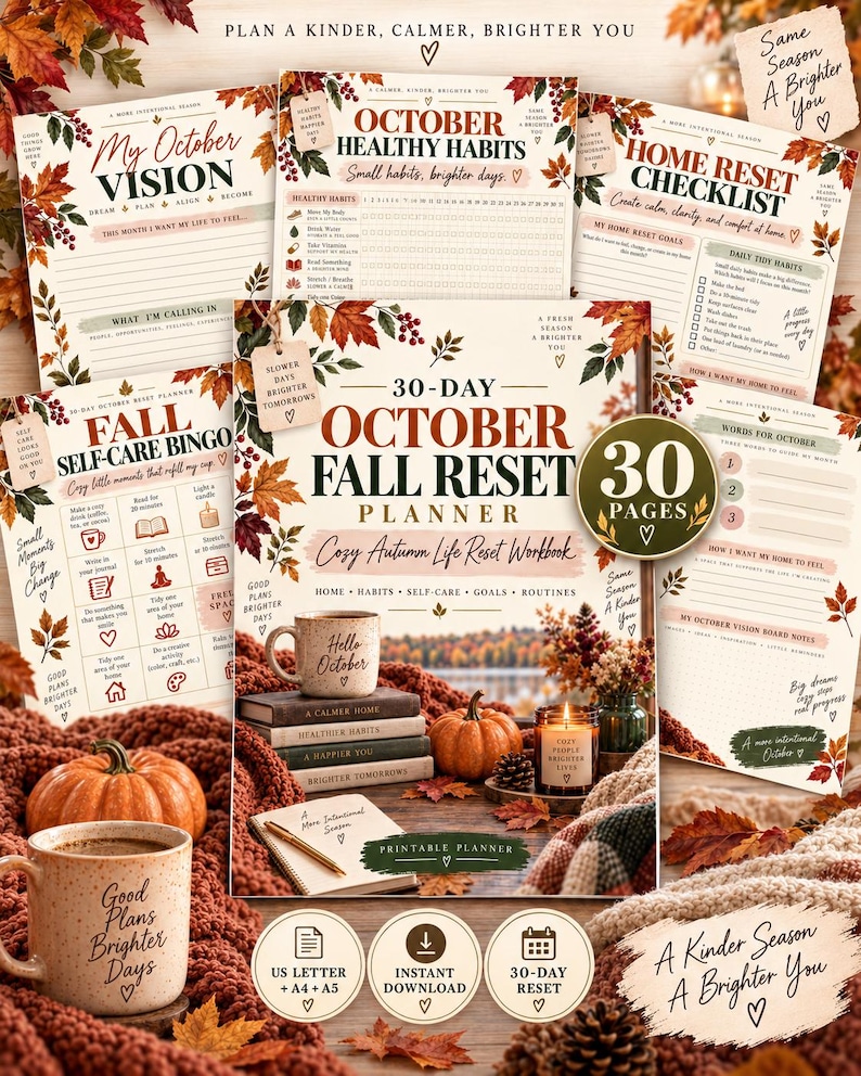 October Reset Planner Printable, 30 Day Fall Life Reset Workbook, Autumn Self Care Journal, Home Habits Goals Routine Planner PDF