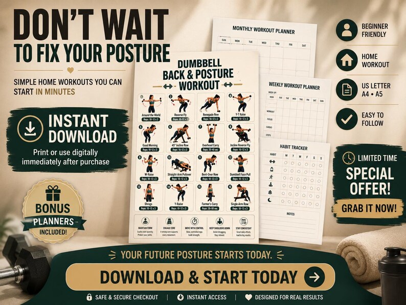 Dumbbell Back Workout Printable | Posture & Upper-Body Strength Exercise Chart — original Etsy mockup 8
