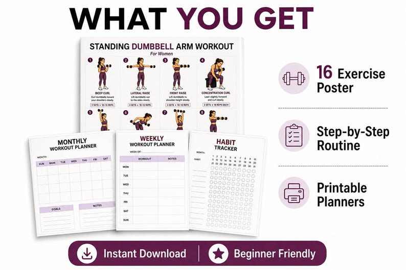 Standing Dumbbell Arm Workout for Women Printable | Upper-Body Strength Chart — original Etsy mockup 6