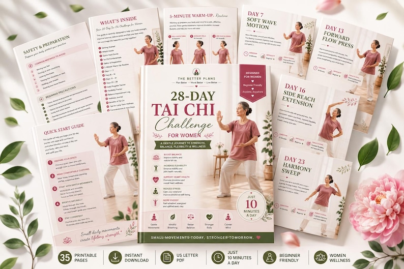 28 Day Tai Chi Challenge for Women ,Exercise Workbook for Seniors, Printable PDF, Gentle Movement and Progress Tracker — original Etsy mockup 7