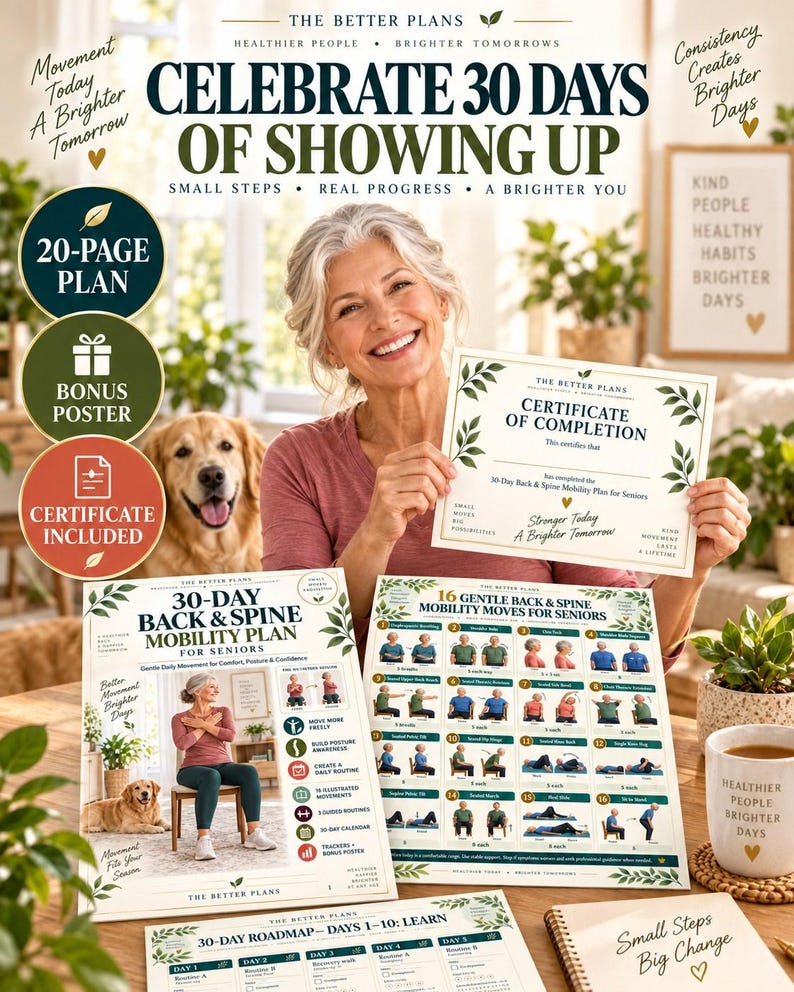 30-Day Back Mobility Plan for Seniors, Gentle Spine Exercise Printable, Seated Routines, Calendar and Tracker — original Etsy mockup 9
