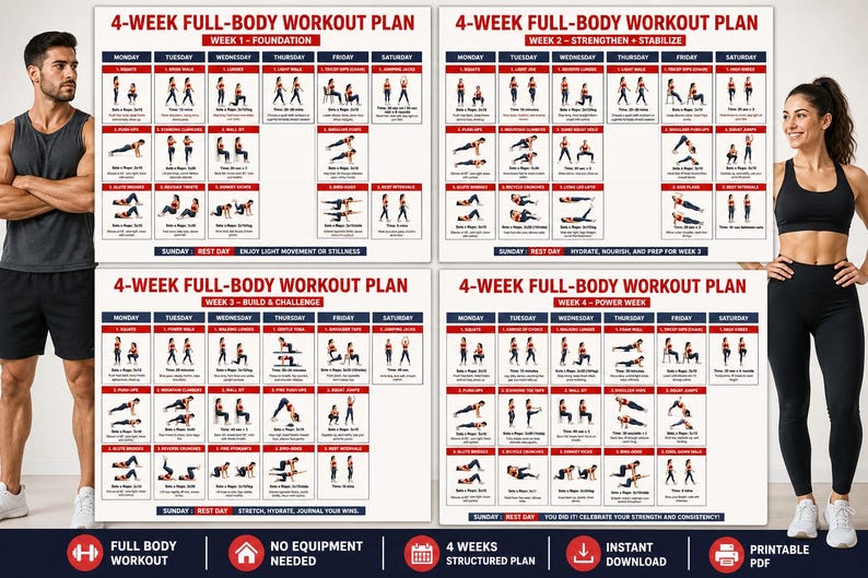 4-Week Full-Body Workout Plan Printable | Beginner Home Fitness Program — original Etsy mockup 2