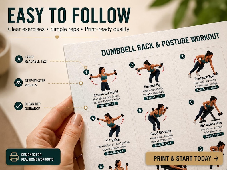 Dumbbell Back Workout Printable | Posture & Upper-Body Strength Exercise Chart — original Etsy mockup 2