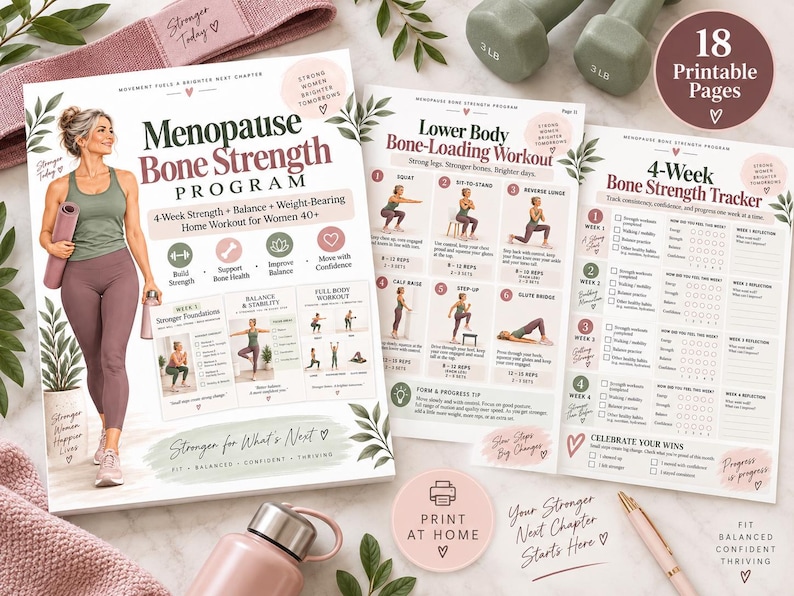 Menopause Bone Strength Program, 4-Week Strength & Balance Workout for Women 40+, Printable Home Fitness PDF — original Etsy mockup 4