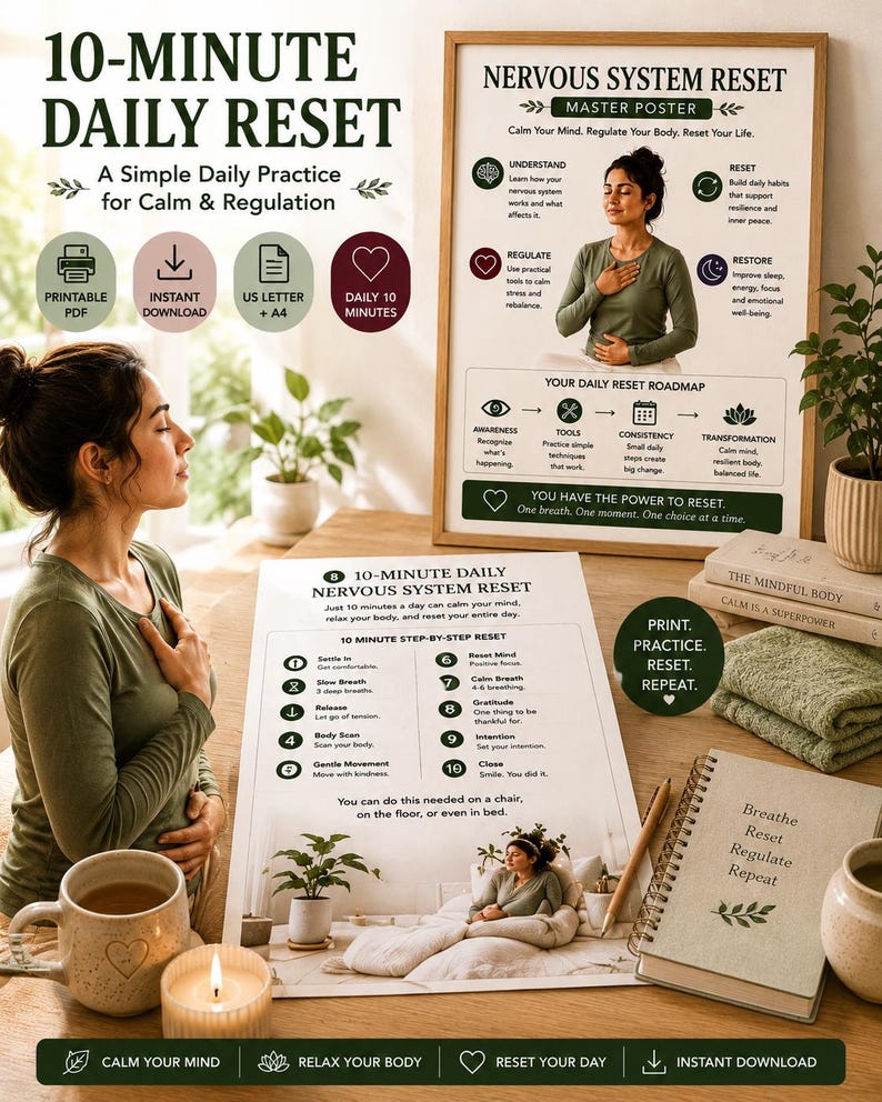 Nervous System Reset Printable Toolkit, Somatic Exercises, Stress Relief Guide (10 Page PDF) — original Etsy mockup 4