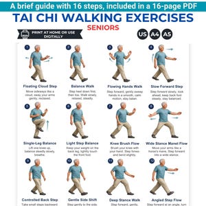 Könnte beinhalten: Ein 16-stufiger Tai-Chi-Gehübungsleitfaden für Senioren als 16-seitiges PDF. Das Dokument zeigt Illustrationen einer Person in blauem T-Shirt und beiger Hose, die Bewegungen von 1 bis 12 ausführt, ergänzt durch schriftliche Anleitungen für jeden Schritt.
