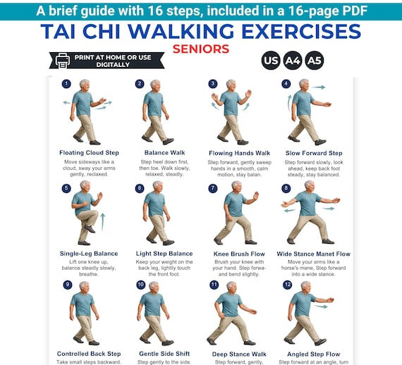 Tai Chi Walking for Seniors Printable | 16-Step Balance & Mobility Exercise Guide