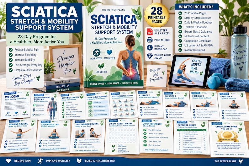 Sciatica Exercises Printable Bundle, Gentle Lower Back Stretches, Nerve Glides & Daily Mobility Routines — original Etsy mockup 2