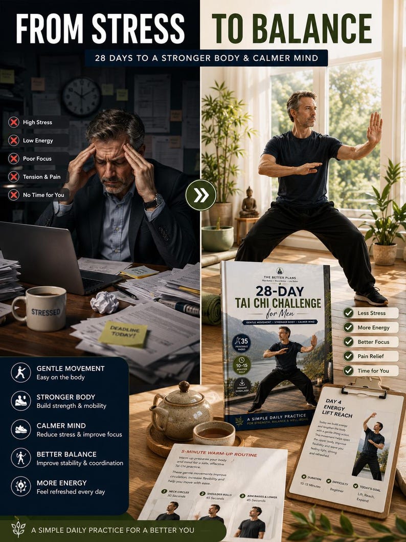 28-Day Tai Chi Challenge for Men | Beginner Balance & Mobility Workbook (Printable PDF) — original Etsy mockup 7
