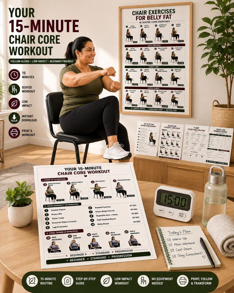 Chair Exercises for Belly Fat | 16 Seated Core Exercises to Strengthen Abs & Support Fat Loss | Printable Low Impact Workout Poster PDF — original Etsy mockup 5