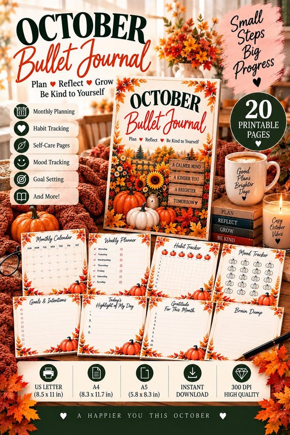 October Planner Printable, Fall Pumpkin Bullet Journal, 20 Page Habit Tracker, Mood Tracker, Self Care Journal PDF