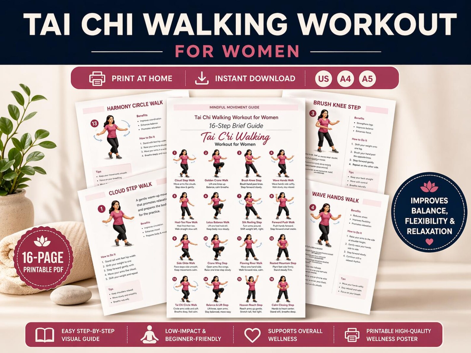 Printable Tai Chi Walking Workout Chart for Women, Seniors Balance ...