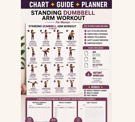 Standing Dumbbell Arm Workout for Women Printable | Upper-Body Strength Chart